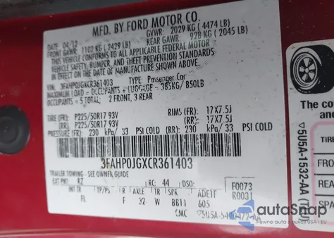 2012 Ford Fusion Sel из США, поврежденный, VIN 3FAHP0JGXCR361403